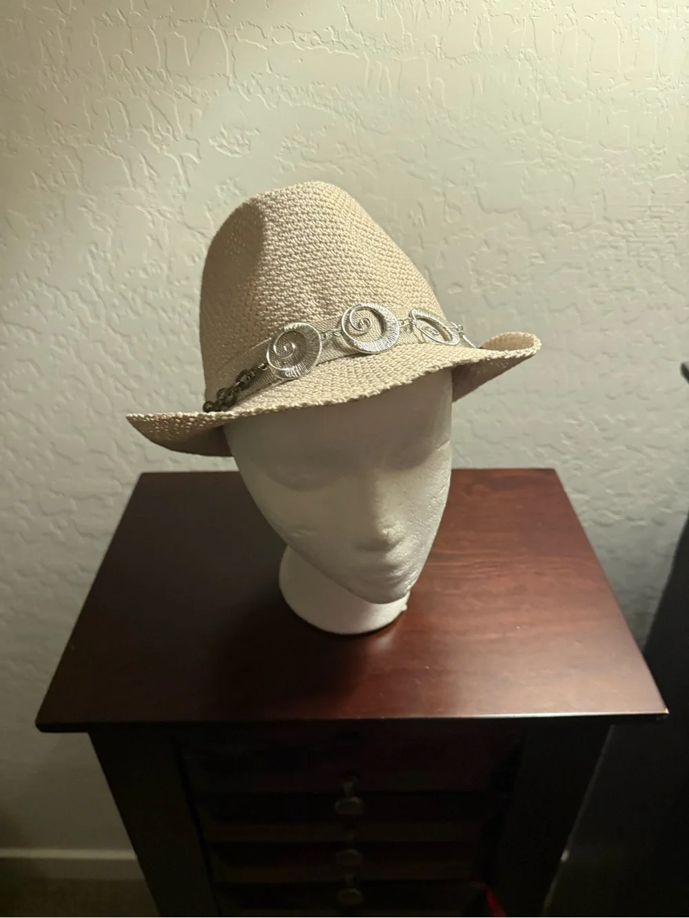 Straw Fedora Hat with Silver Decorative Band - Beige